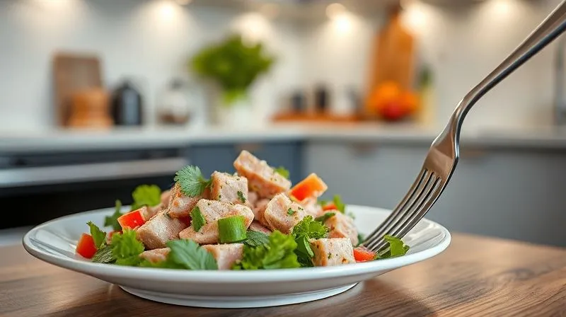 photorealistic, professional photography, 8K, cinematic lighting, sharp focus, depth of field, shot on a high-end DSLR, a vibrant, healthy plate of tuna salad with a fork, emphasizing fresh ingredients and a balanced meal, against a softly blurred background of a modern kitchen