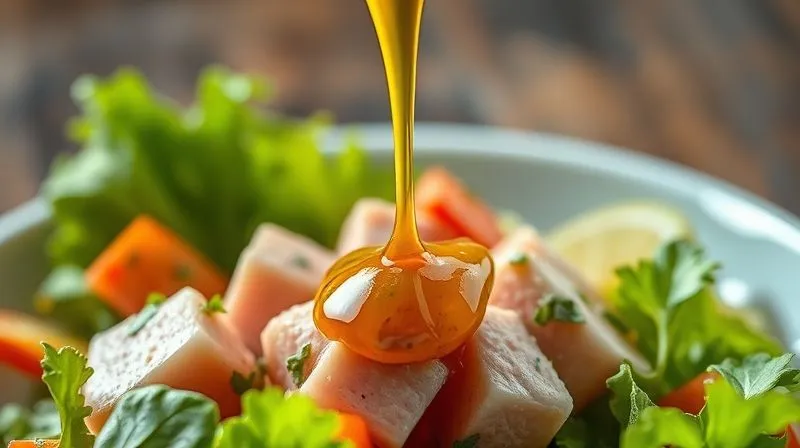 photorealistic, professional photography, 8K, cinematic lighting, sharp focus, depth of field, shot on a high-end DSLR, a close-up of a perfectly emulsified healthy salad dressing being drizzled over a vibrant tuna salad, showing fresh herbs and a light, appealing texture