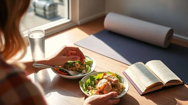 photorealistic, professional photography, 8K, cinematic lighting, sharp focus, depth of field, shot on a high-end DSLR, a serene image of a person enjoying a healthy meal (tuna salad) at a sunlit table, with elements suggesting a balanced lifestyle like a glass of water, a yoga mat in the background, and a book, emphasizing well-being