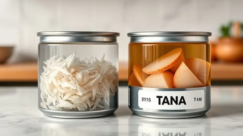 Photorealistic image of two open cans of tuna side-by-side on a clean kitchen counter. One can clearly shows tuna flakes submerged in water, while the other shows tuna in oil, with the oil visibly glistening. Both are labelled clearly. Cinematic lighting, sharp focus, 8K, professional photography.