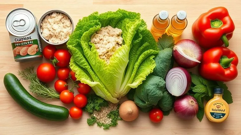 Photorealistic image of all fresh ingredients for a tuna salad laid out neatly on a light wooden table: two cans of tuna, a large head of romaine lettuce, a cucumber, cherry tomatoes, red bell pepper, red onion, a bunch of spinach, fresh parsley, half an avocado, and a small bowl of sunflower seeds. Small bottles of olive oil, lemon juice, and Dijon mustard are also visible. Cinematic lighting, sharp focus, 8K, professional photography.