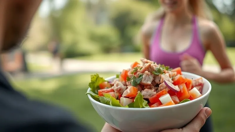 Photorealistic image of a person enjoying a fresh tuna salad in a park, with a blurred background of them jogging or doing light exercise. The foreground shows the vibrant salad in a bowl, while the background subtly suggests an active lifestyle. Cinematic lighting, sharp focus on the salad, 8K, professional photography.