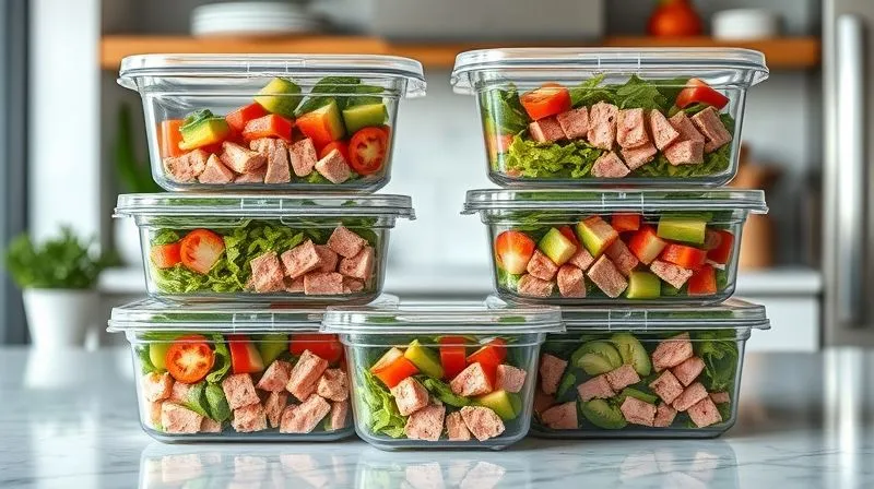 Photorealistic image of several transparent meal prep containers filled with fresh, vibrant tuna salad, neatly stacked in a modern kitchen. The containers are ready for the week, showcasing convenience and healthy eating habits. Cinematic lighting, sharp focus, 8K, professional photography.