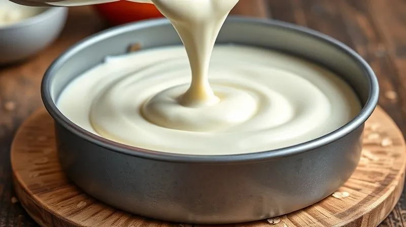 photorealistic, professional photography, 8K, cinematic lighting, sharp focus, depth of field, shot on a high-end DSLR, a close-up of a creamy, smooth white cheesecake filling being poured into a springform pan with a healthy oat crust, highlighting the perfect texture and inviting appearance.