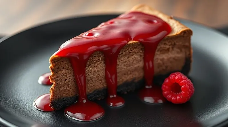 photorealistic, professional photography, 8K, cinematic lighting, sharp focus, depth of field, shot on a high-end DSLR, a decadent yet healthy chocolate protein cheesecake slice, topped with a vibrant red raspberry coulis, presented on a dark, elegant plate, emphasizing its rich texture and appealing contrast.