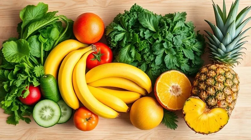 A vibrant, professional photography shot of a selection of fresh, ripe fruits and vegetables laid out on a clean wooden table. Key ingredients for a healthy smoothie include spinach, cucumber, celery, ripe bananas, sweet mango, and juicy pineapple. The composition is artfully arranged with natural light, showcasing the freshness and color of the produce. Sharp focus on the ingredients, shallow depth of field, 8K hyper-detailed, cinematic lighting, shot on a high-end DSLR.