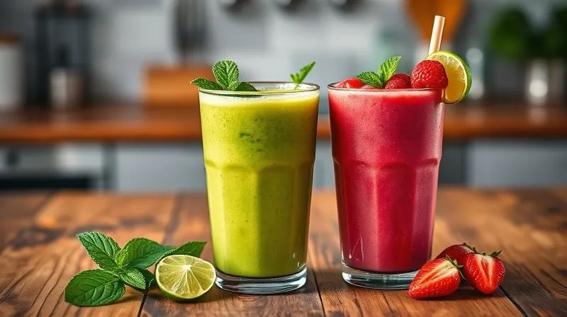 A professional, photorealistic image of two vibrant, delicious-looking smoothies on a rustic wooden table. One is a bright green smoothie garnished with mint and lime, the other a deep pink/red smoothie garnished with fresh berries. Both are in clear glasses, showcasing their inviting colors. The background is softly blurred, hinting at a healthy kitchen environment. Natural light, sharp focus, 8K hyper-detailed, cinematic lighting, shot on a high-end DSLR.