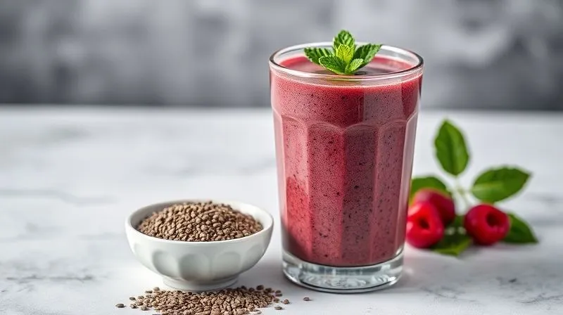 photorealistic, professional photography, 8K, cinematic lighting, sharp focus, depth of field, shot on a high-end DSLR. A vibrant, colorful smoothie in a glass, next to it a small bowl of protein powder, a handful of chia seeds, and a few fresh raspberries, illustrating the key ingredients for satiety and weight loss.