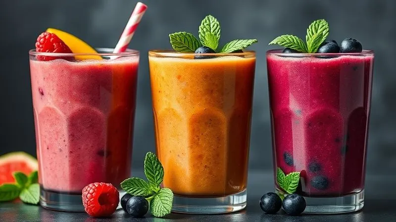 photorealistic, professional photography, 8K, cinematic lighting, sharp focus, depth of field, shot on a high-end DSLR. A set of three different vibrant smoothies in stylish glasses: one raspberry, one mango, and one blueberry, each garnished with their respective fruits and a sprig of mint, showcasing healthy and delicious variations.