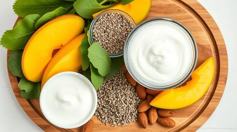 Photorealistic arrangement of various smoothie ingredients: fresh mango slices, spinach, chia seeds, Greek yogurt, and a handful of almonds, artfully displayed on a wooden board with soft, natural light, 8K, sharp focus.