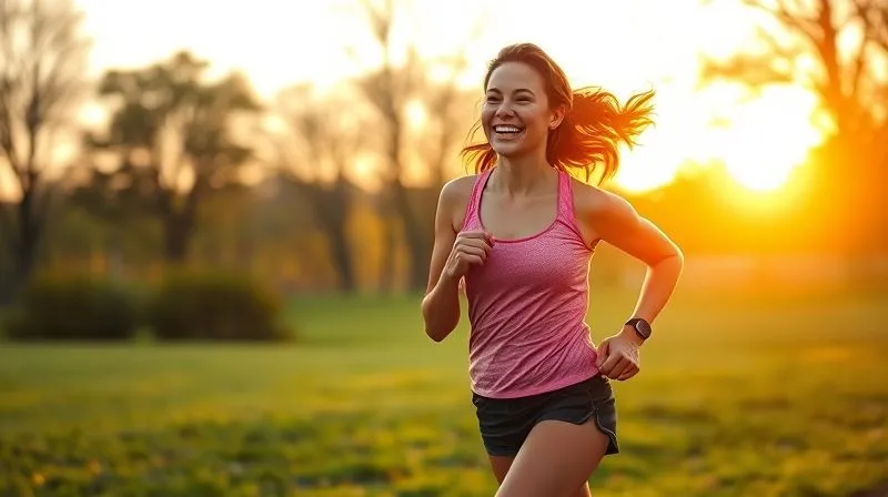Photorealistic image of a woman happily jogging in a park at sunrise, with a vibrant, healthy glow, embodying energy and balance, cinematic lighting, sharp focus, depth of field, 8K hyper-detailed.