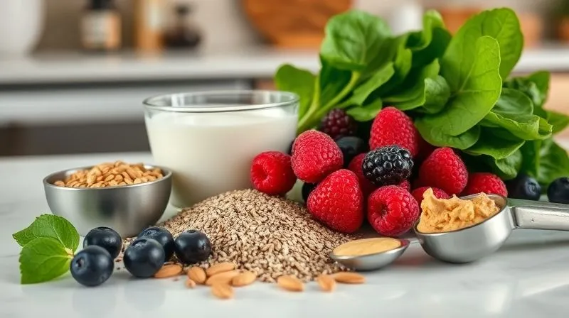 Photorealistic, professional photography of a selection of smoothie ingredients laid out on a clean kitchen counter: Greek yogurt, spinach, chia seeds, almond butter, berries, and a protein powder scoop. The ingredients are artfully arranged, with soft, natural lighting. 8K, cinematic lighting, sharp focus, depth of field, shot on a high-end DSLR.