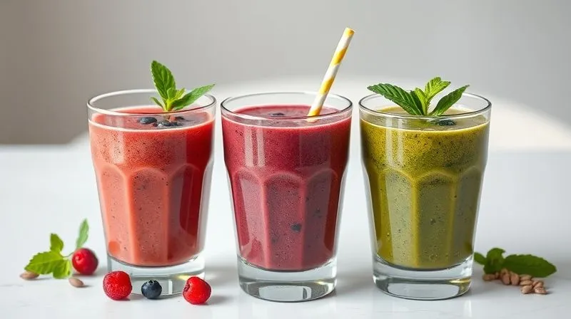 Photorealistic, professional photography of three distinct, vibrant smoothies in elegant glasses, each with unique garnishes (e.g., berries, mint, seeds). They are arranged on a minimalist white table, with soft, diffused lighting emphasizing their texture and freshness. 8K, cinematic lighting, sharp focus, depth of field, shot on a high-end DSLR.