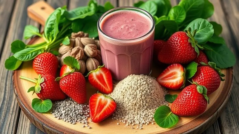 photorealistic, professional photography, 8K, cinematic lighting, sharp focus, depth of field, shot on a high-end DSLR of various superfood ingredients for a strawberry smoothie, including a scoop of protein powder, chia seeds, fresh spinach, and ripe strawberries, arranged aesthetically on a rustic wooden board, with soft, inviting light.