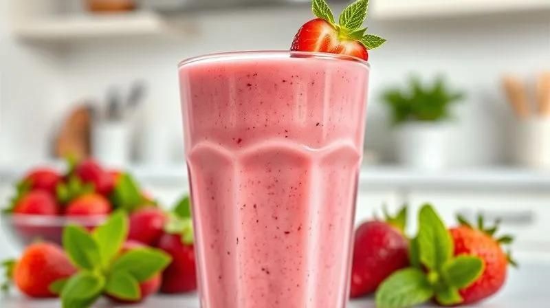 photorealistic, professional photography, 8K, cinematic lighting, sharp focus, depth of field, shot on a high-end DSLR of a perfectly blended, vibrant pink strawberry smoothie in a clear glass, garnished with fresh mint and a few whole strawberries on the rim. The smoothie is thick and creamy, reflecting healthy ingredients. The background is a bright, minimalist kitchen setting.