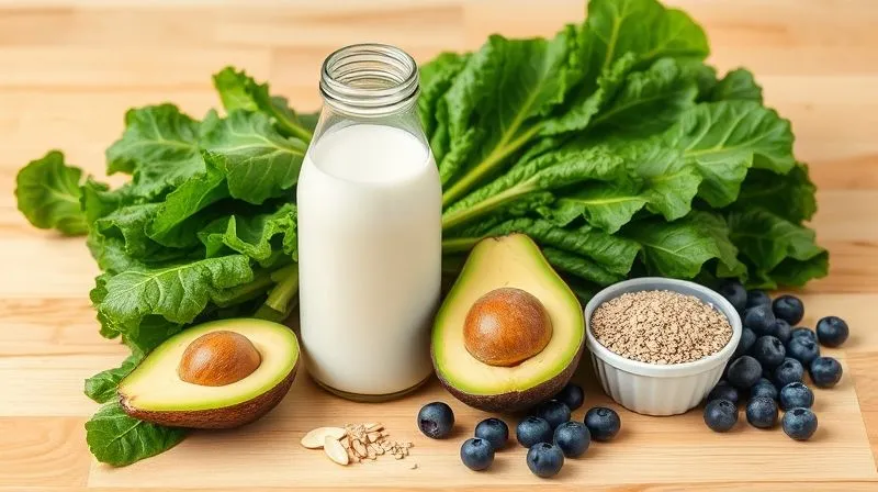A photorealistic, professional photography, 8K, cinematic lighting, sharp focus, depth of field, shot on a high-end DSLR of a variety of fresh smoothie ingredients laid out on a clean wooden table: vibrant green kale leaves, ripe avocado halves, a handful of blueberries, a scoop of protein powder, unsweetened almond milk in a glass bottle, and a small bowl of chia seeds. The scene is bright and inviting, emphasizing healthy choices and fresh produce.