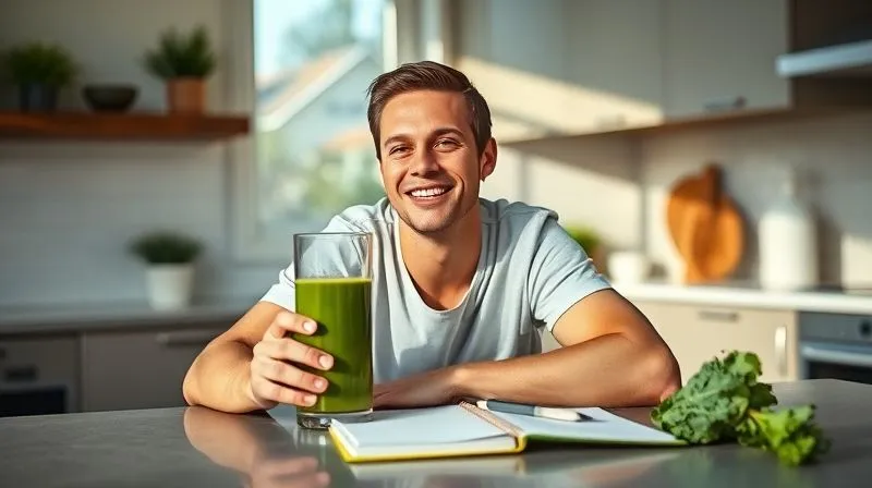 A photorealistic, professional photography, 8K, cinematic lighting, sharp focus, depth of field, shot on a high-end DSLR of a person happily drinking a vibrant green kale smoothie while sitting at a kitchen counter, bathed in natural morning light. The setting is modern and clean, conveying a sense of calm and well-being. A notebook and pen are nearby, suggesting mindful planning and healthy lifestyle choices. The person looks energized and satisfied.
