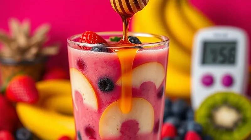 Photorealistic image of a vibrant, overly sweet fruit smoothie in a large glass, overflowing with various brightly colored fruits like bananas, berries, and kiwi, with a spoon of honey dripping in. The lighting is harsh and artificial, emphasizing the sugary aspect. In the background, a blurred image of a glucose meter showing a high reading. Sharp focus on the smoothie, 8K hyper-detailed, shot on a high-end DSLR.