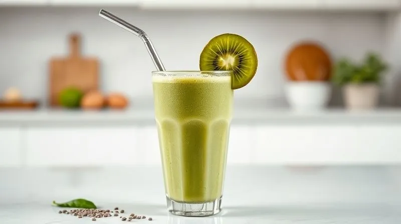 Photorealistic image of a thick, creamy green smoothie made with kiwi and avocado, served in a stylish glass with a metal straw. The smoothie is topped with a sprinkle of chia seeds and a small slice of kiwi. The background is a clean, minimalist kitchen counter with soft, diffused natural light, emphasizing the healthy and satisfying nature of the drink. Sharp focus on the smoothie, 8K hyper-detailed, shot on a high-end DSLR.