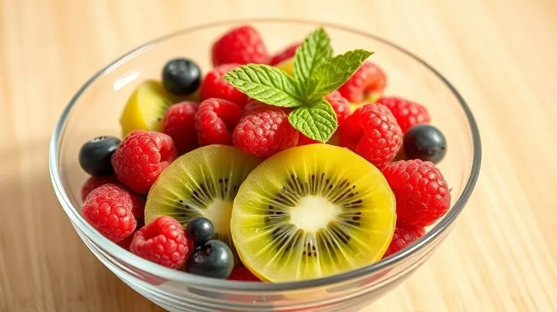 Photorealistic image of a vibrant, fresh fruit salad featuring sliced kiwi, mixed berries (raspberries, blueberries), and a few mint leaves, presented in a clear glass bowl on a light wooden table. The lighting is bright and natural, highlighting the freshness and appeal of the healthy dessert. Sharp focus on the fruit salad, with a shallow depth of field. 8K hyper-detailed, shot on a high-end DSLR.
