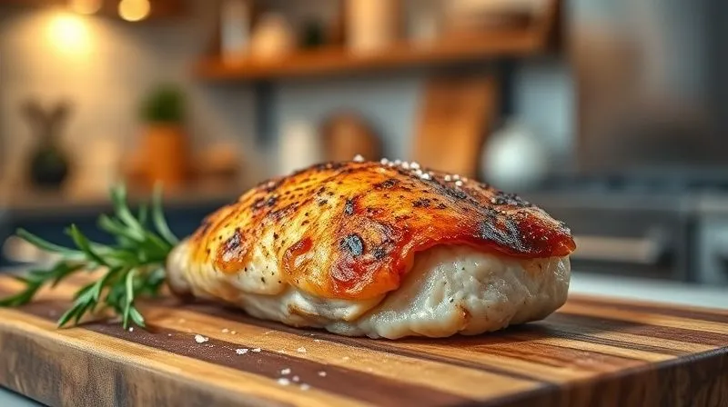 A professional, photorealistic shot of a perfectly seared, golden-brown chicken breast resting on a rustic wooden cutting board, steam gently rising, with a few fresh rosemary sprigs and a sprinkle of sea salt. The background shows a soft blur of a modern kitchen, illuminated by warm, cinematic lighting, with a sharp focus on the succulent texture of the chicken. 8K hyper-detailed, professional photography, shot on a high-end DSLR, depth of field.