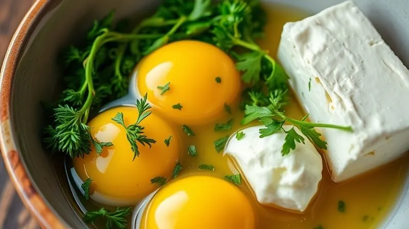 A close-up, photorealistic, professional photography shot of a bowl of fresh, organic eggs, vibrant green chopped dill and parsley, and a block of creamy ricotta cheese, ready for mixing. Cinematic lighting, sharp focus on ingredients, depth of field. 8K hyper-detailed, shot on a high-end DSLR.