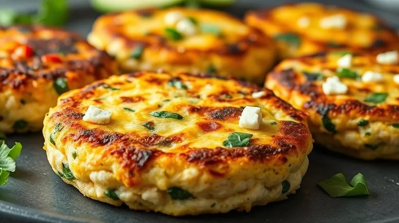 A vibrant, photorealistic, professional photography shot of various low-carb egg patties, some infused with colorful finely diced bell peppers, others with crumbled feta cheese, and a few with finely chopped spinach. Each patty is distinct, showcasing the versatility of the recipe. Cinematic lighting, sharp focus on the textures, depth of field. 8K hyper-detailed, shot on a high-end DSLR.