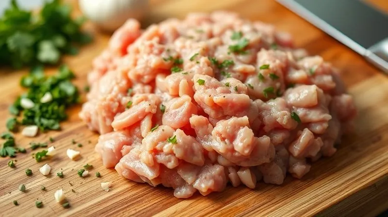 A close-up, photorealistic image of lean ground turkey meat being prepared on a wooden cutting board, with visible spices and herbs like finely chopped parsley and garlic, ready to be mixed. The scene is well-lit with cinematic lighting, sharp focus on the meat and ingredients, depth of field blurring the background, 8K, professional photography, shot on a high-end DSLR.