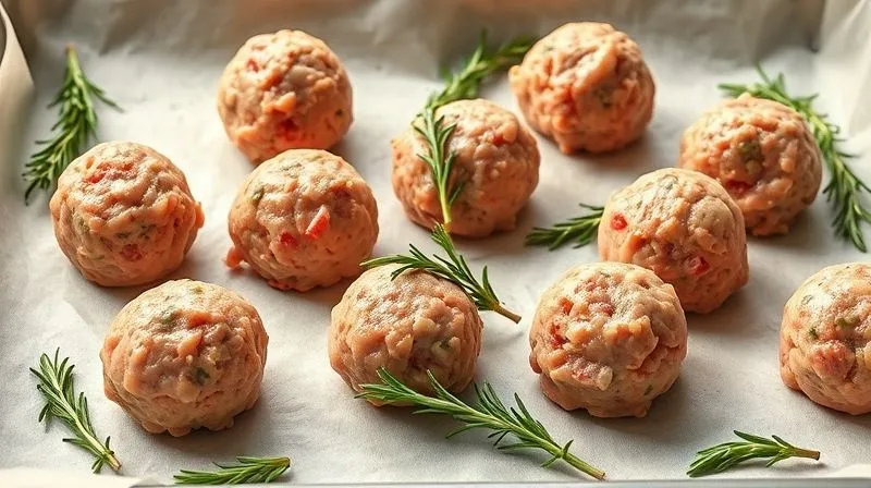 A photorealistic close-up of perfectly formed, raw turkey meatballs on a baking sheet lined with parchment paper, interspersed with fresh rosemary sprigs, ready for the oven. The lighting is bright and natural, highlighting the texture and readiness for cooking. professional photography, 8K, cinematic lighting, sharp focus, depth of field, shot on a high-end DSLR.