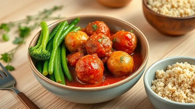 A vibrant, photorealistic image of a serving of low-calorie turkey meatballs with a rich, homemade tomato sauce, accompanied by steamed green vegetables like broccoli and green beans, and a side of fluffy quinoa, presented in a beautifully styled ceramic bowl on a light wooden table. The scene is well-lit, evoking freshness, health, and deliciousness. professional photography, 8K, cinematic lighting, sharp focus, depth of field, shot on a high-end DSLR.