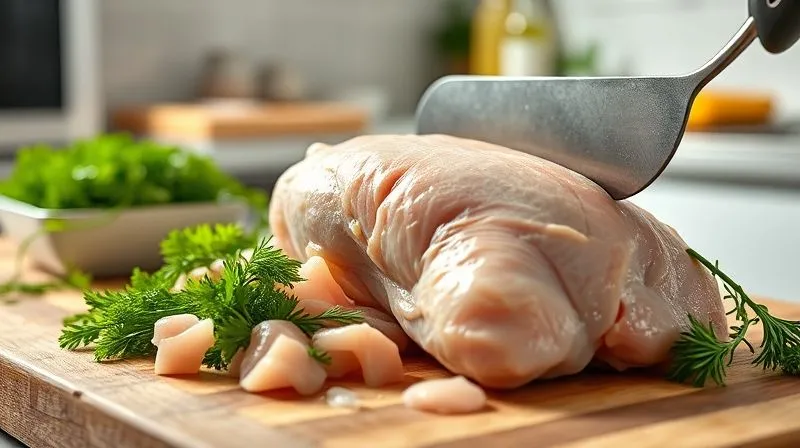 Photorealistic, professional photography of fresh, raw chicken breast being minced in a clean, modern kitchen, with herbs like parsley and dill in the background, 8K, cinematic lighting.