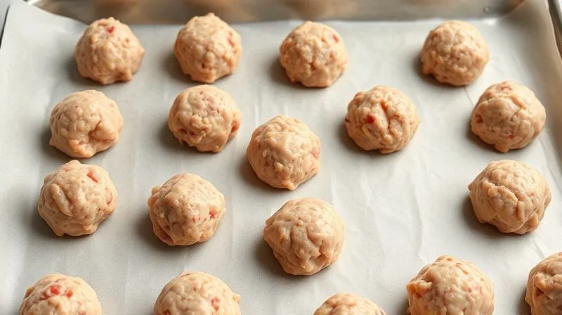 Photorealistic, professional photography of perfectly formed, raw chicken meatballs arranged on a baking sheet lined with parchment paper, ready for baking, with soft, natural light, 8K, cinematic lighting.