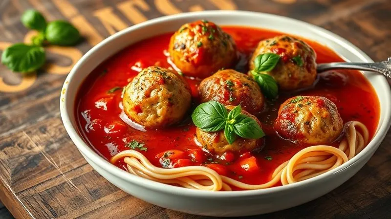 Photorealistic, professional photography of a serving of steaming, juicy chicken meatballs in a rich, homemade tomato sauce, garnished with fresh basil, on a rustic wooden table, with soft, diffused lighting, 8K, cinematic lighting.