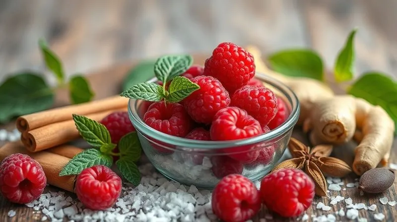 A close-up, photorealistic image of various natural sweeteners and spices arranged artfully around a small bowl of fresh raspberries. Elements include a small pile of white erythritol crystals, green stevia leaves, a cinnamon stick, sliced ginger root, and a few cardamom pods. The background is softly blurred, emphasizing the textures and natural colors. Professional photography, 8K, cinematic lighting, sharp focus, depth of field, shot on a high-end DSLR, conveying a sense of natural health and culinary exploration.