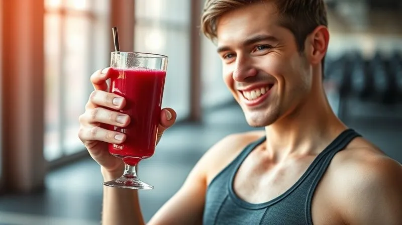 A fit, smiling person enjoying a glass of vibrant red raspberry juice after a morning workout, set against a backdrop of a bright, modern gym or an outdoor running track. The person is dressed in athletic wear, wiping sweat from their brow, conveying a sense of accomplishment and refreshment. Professional photography, 8K, cinematic lighting, sharp focus on the person and the glass, depth of field, shot on a high-end DSLR, emphasizing health, vitality, and post-workout recovery.
