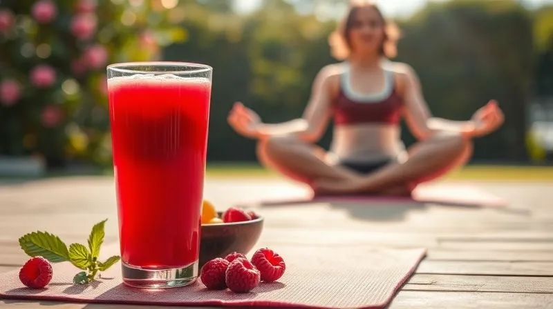 A serene, photorealistic image depicting a balanced and healthy lifestyle. The foreground shows a glass of vibrant raspberry juice next to a yoga mat and a small bowl of fresh fruits. In the soft-focused background, a person is gently stretching or meditating outdoors, with natural light illuminating the scene. Professional photography, 8K, cinematic lighting, sharp focus on the juice and mat, depth of field, shot on a high-end DSLR, evoking tranquility, wellness, and mindful living.