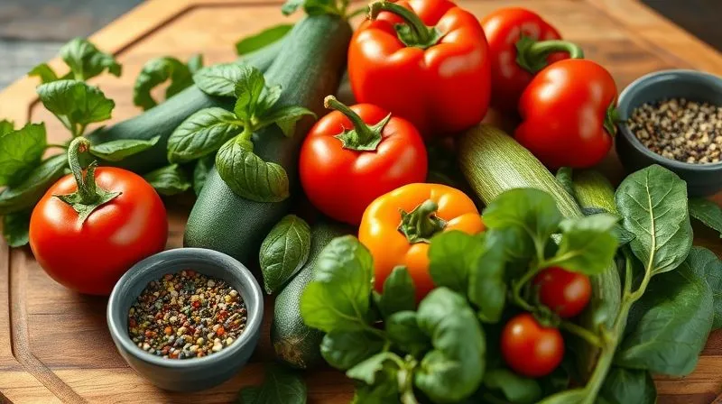 A close-up, photorealistic image of fresh, vibrant vegetables like cherry tomatoes, bell peppers, zucchini, and spinach artfully arranged on a rustic wooden cutting board, with various herbs and spices in small bowls, cinematic lighting, sharp focus on the ingredients, 8K hyper-detailed.