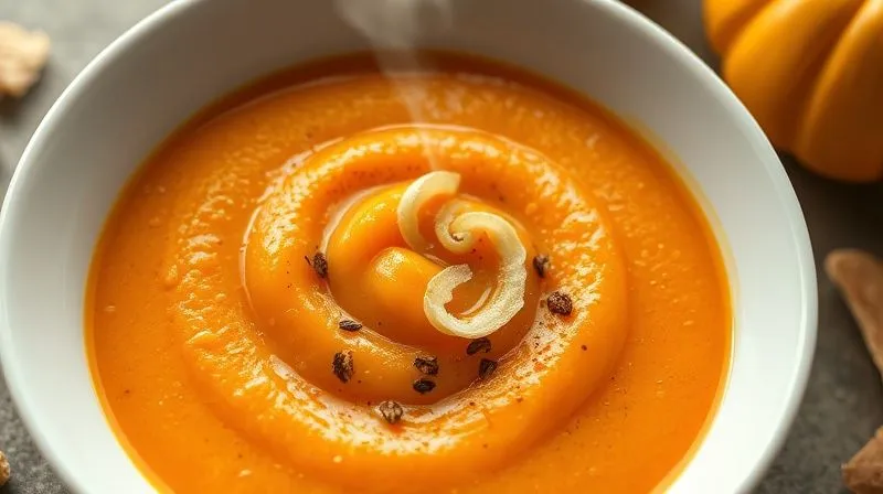 A photorealistic close-up of a vibrant orange pumpkin puree sauce in a elegant white bowl, garnished with fresh ginger slivers and a sprinkle of spices, steam gently rising, cinematic lighting, sharp focus, 8K hyper-detailed.