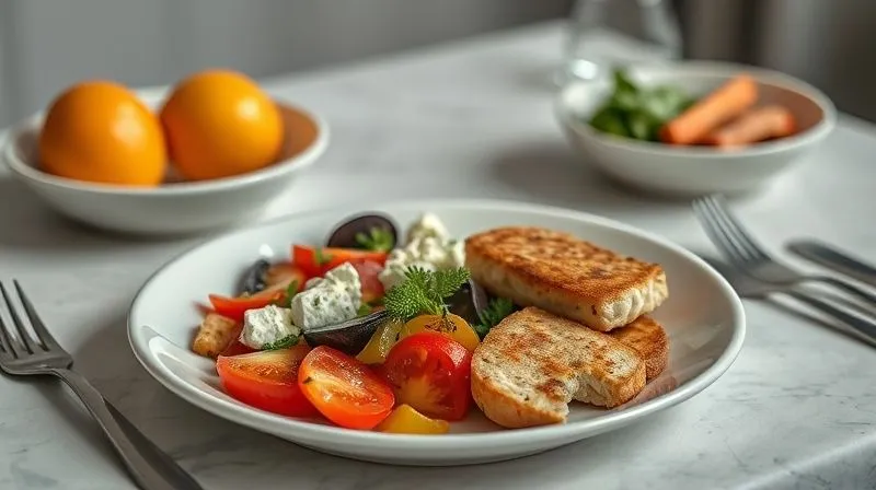 Photorealistic, professional photography, 8K, cinematic lighting, sharp focus on a perfectly portioned, healthy dinner plate with feta, colorful vegetables, and a lean protein, beautifully arranged on a minimalist table, evoking a sense of balance and mindful eating. Shot on a high-end DSLR, depth of field.