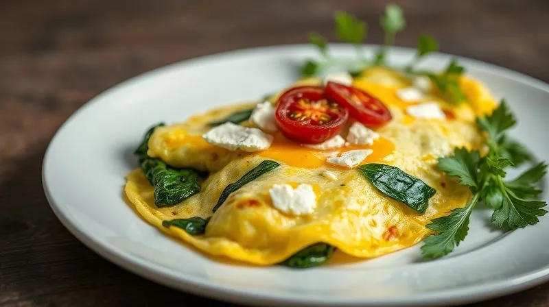 Photorealistic, professional photography, 8K, cinematic lighting, sharp focus on a perfectly cooked, fluffy omelette with melted feta, vibrant green spinach, and sun-dried tomatoes, served on a clean white plate with a side of fresh herbs. The scene evokes a cozy, healthy, and satisfying evening meal. Shot on a high-end DSLR, depth of field.