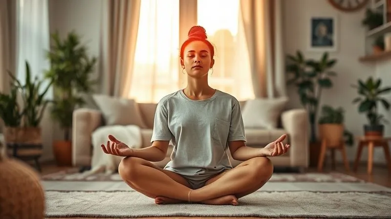 Photorealistic, professional photography, 8K, cinematic lighting, sharp focus on a person meditating calmly in a cozy, softly lit living room, surrounded by subtle, healthy decor, conveying a sense of peace and stress relief. Shot on a high-end DSLR, depth of field.