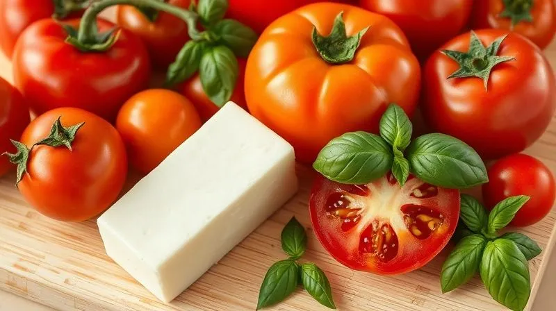 photorealistic, professional photography, 8K, cinematic lighting, sharp focus, depth of field, shot on a high-end DSLR, a close-up of various fresh, colorful tomatoes (cherry, beefsteak, roma) alongside a block of light mozzarella cheese and a vibrant bunch of basil leaves, all arranged on a light wooden cutting board, with natural light highlighting their textures.