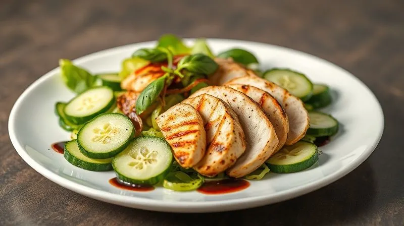 photorealistic, professional photography, 8K, cinematic lighting, sharp focus, depth of field, shot on a high-end DSLR, a beautifully plated low-calorie Caprese salad with grilled chicken strips, fresh cucumber slices, and a drizzle of balsamic glaze, presented on a minimalist white plate, ready for a healthy dinner, with soft, inviting light.
