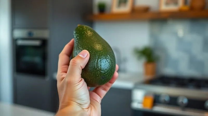 Photorealistic close-up of a hand gently pressing a ripe, dark green avocado to check for ripeness, with a blurred background of a modern kitchen. Cinematic lighting, sharp focus, 8K, professional photography.