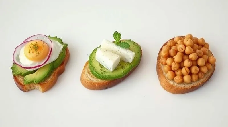 Photorealistic image of three distinct, beautifully plated avocado toasts side by side on a minimalist white table. One with poached egg and radish, one with cottage cheese and herbs, and one with roasted chickpeas and bell pepper. Each is garnished exquisitely. Soft, natural light, sharp focus, 8K, professional photography, depth of field.