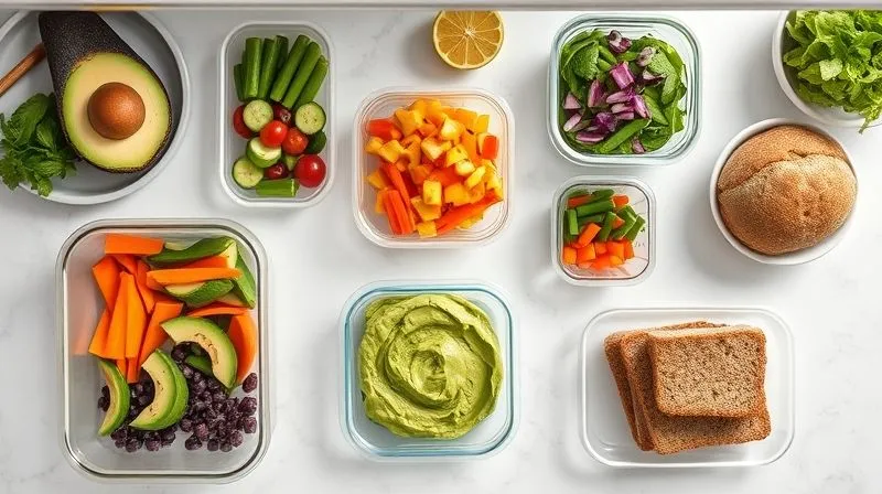 Photorealistic top-down view of a neatly organized meal prep station in a modern kitchen, with containers of prepped avocado paste, chopped vegetables, and whole-grain bread. The scene is bright and clean, emphasizing organization and healthy eating. Cinematic lighting, sharp focus, 8K, professional photography.