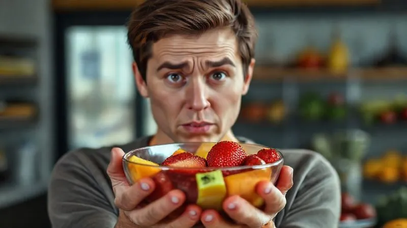 Photorealistic image of a person looking confused or frustrated while holding an empty fruit bowl, with a blurred background of healthy food options, cinematic lighting, sharp focus on the person's face, depth of field, 8K hyper-detailed.