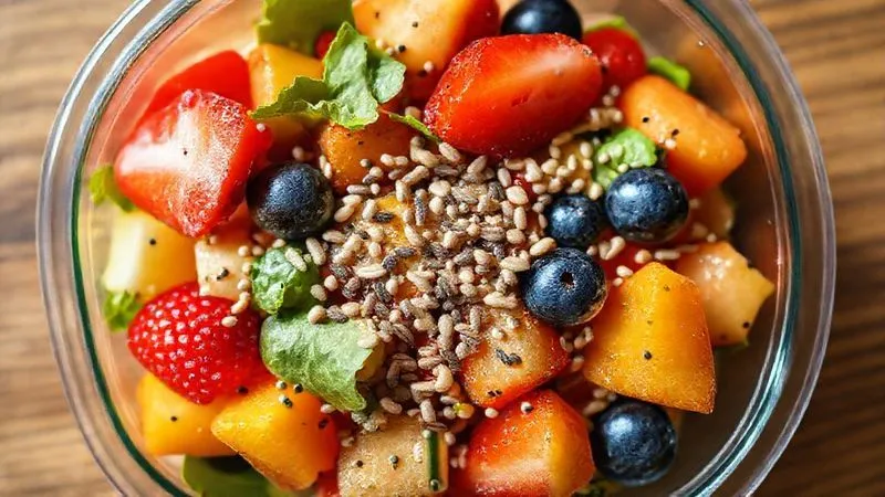 Photorealistic image of a vibrant fruit salad in a clear lunchbox, with a visible sprinkle of chia seeds and flax seeds, emphasizing texture and healthy ingredients, shot from an overhead angle, bright natural light, sharp focus on the seeds, depth of field, 8K hyper-detailed.