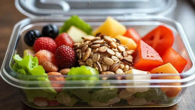 Photorealistic image of a beautifully arranged fruit salad in a lunchbox, with a small pile of mixed nuts (almonds, walnuts) and seeds (chia, pumpkin) clearly visible as an addition, taken from a slightly elevated angle, soft natural light, sharp focus on the textures of nuts and seeds, depth of field, 8K hyper-detailed.