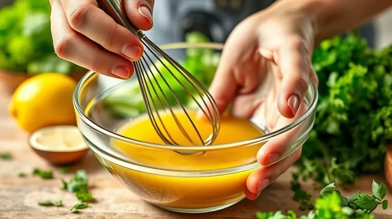 Photorealistic image of a chef's hands preparing a light, healthy salad dressing in a glass bowl, whisking olive oil, lemon juice, Dijon mustard, and fresh herbs, with vibrant green ingredients in the background, cinematic lighting, sharp focus on the whisk and liquid, depth of field, 8K, shot on a high-end DSLR.